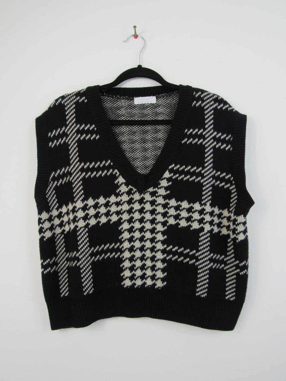 Oak + Fort Oversized Black & White Plaid Checkered V Neck Sweater Vest Slouchy